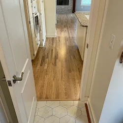 Hallway with wood laminate flooring and white doors on both sides